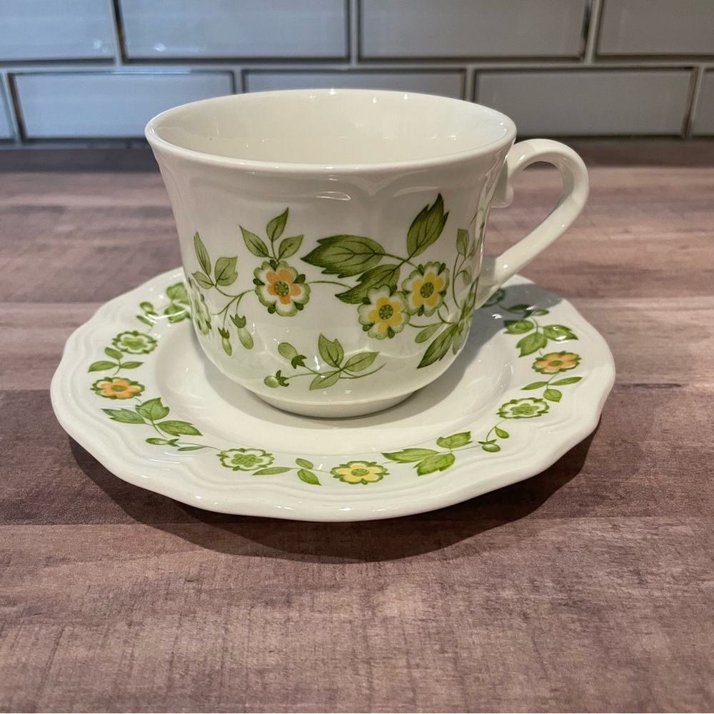 Petite Flora Ironstone Tea Cup & Saucer Green Floral Flower Japan Sears